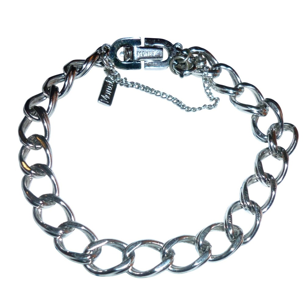 Monet Silver Tone Curb Link Bracelet‎ with Safety Chain 7.5 Inch Vintage